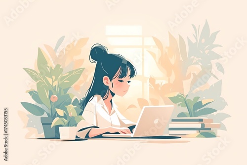 フリーランスとして働く女性のイラスト（副業・資格・自己啓発・学習）