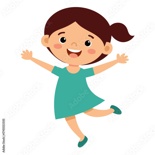 Joyful little girl jumping with happiness wearing a teal dress and brown hair illustration