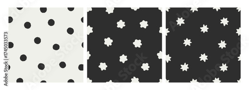 Stars and polka dot, seamless patterns set. Black and white endless backgroun...