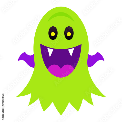 Cheerful green ghost illustration with big smile and fangs perfect for Halloween decorations or spooky themed designs