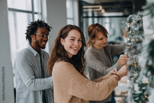 Team Decorating Christmas Tree at Office Party