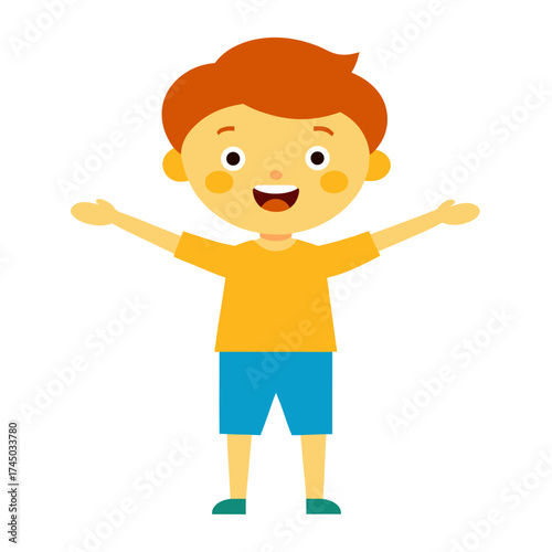 Joyful red haired boy vector illustration expressing happiness and enthusiasm with arms outstretched against white backdrop