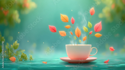 A whimsical teacup floating in water, with magical stems and leaves growing from it