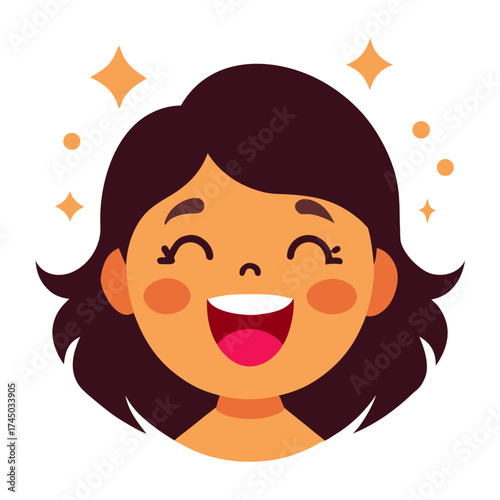 Cheerful cartoon girl with brown hair smiling widely expressing happiness and joy in a vector illustration