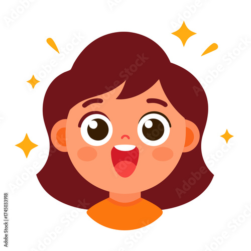 Excited young girl character illustration with sparkling stars showing happiness and joy and an open mouth expression