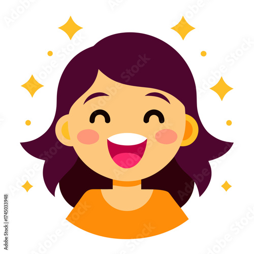 Cartoon woman smiling cheerfully with bright sparkles around her expressing positive emotions and happiness for design projects