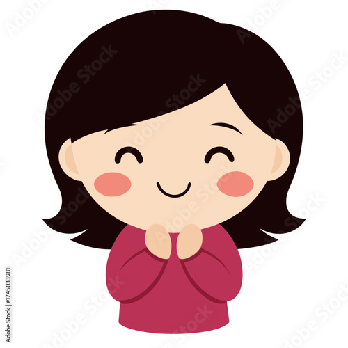 Cute cartoon girl with dark hair expressing joy and happiness in a charming illustration