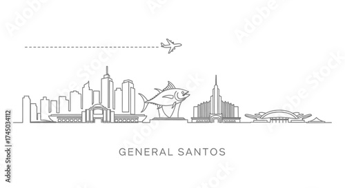 General Santos City Skyline with Tuna Monument and Airplane Icon