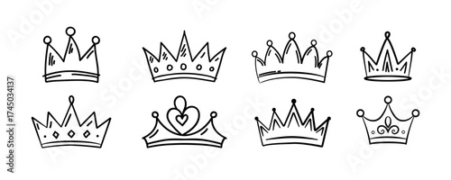 Vector set of doodle crowns and tiaras. Hand-drawn sketch elements perfect for princess themes, royalty, and decorative designs.