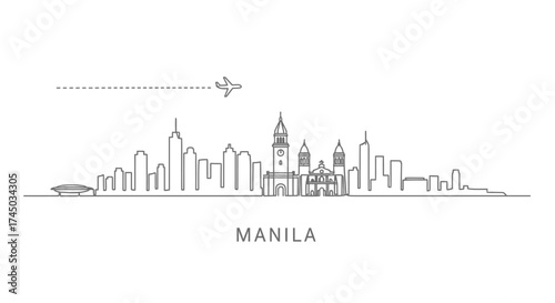 Manila Skyline Line Art with Airplane and Text