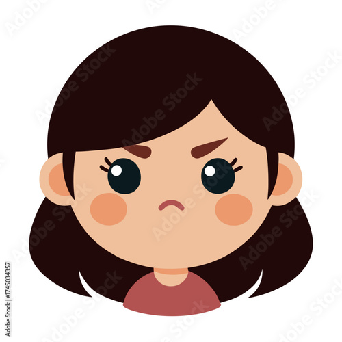 Cartoon girl character illustration expressing anger and frustration with dark hair and a scowl and furrowed brow