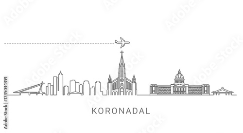 Koronadal City Skyline with Airplane Line Art