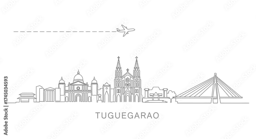 Fototapeta premium Tuguegarao City Skyline with Airplane and Bridge Line Art