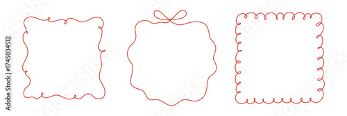 Coquette pink frame ribbon lace bow, pink wavy border y2k retro set. Aesthetic, feminine decor. Ruffled ribbon. Doodle hand drawn. Vector illustration