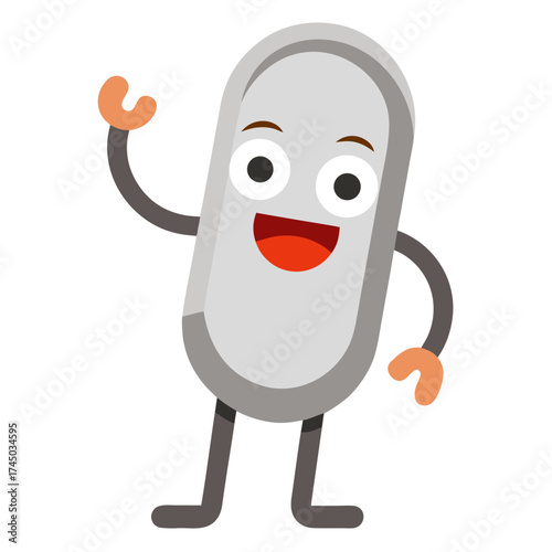 Cheerful cartoon pill character with a happy face waving hello isolated on white background vector illustration