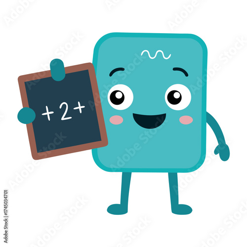 Adorable cartoon character holding a blackboard with a simple math equation plus two plus two education concept