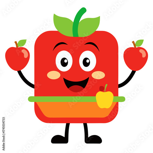 Cheerful cartoon apple character holding apples representing healthy eating and colorful illustration style for kids
