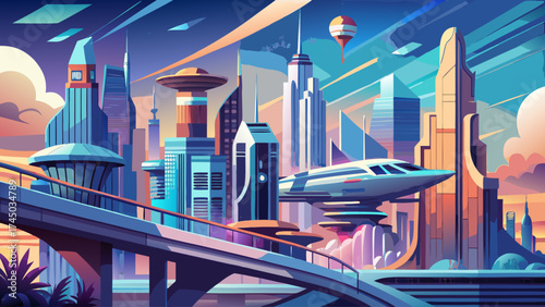 Very beautiful Futuristic cityscape with sleek architecture and a passing aircraft suggesting innovation and advanced technology. Ideal for projects about future, architecture, or urban development.