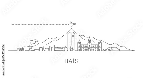 Minimalist BAIS City Skyline with Dolphin and Airplane Icon