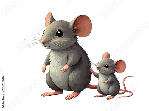 Two cute cartoon mice standing together in a playful pose