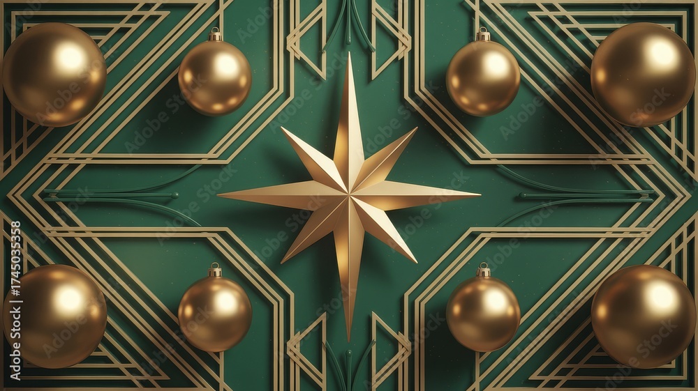 Obraz premium Art Deco Christmas Background Geometric Gold Accents Stylized Baubles Elegant Green Gold Layout