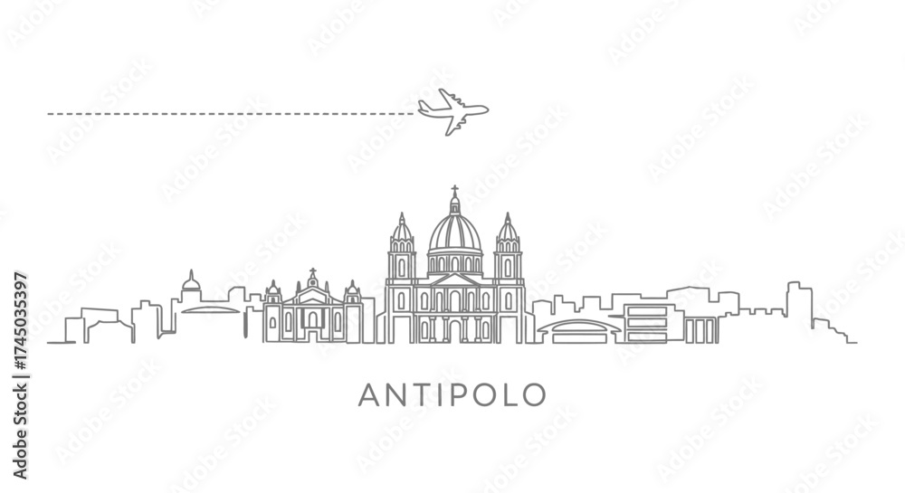 Obraz premium Antipolo Skyline With Airplane And Flight Path Vector Art