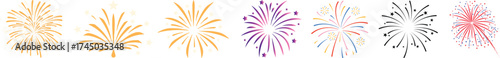 Firework Icon set.Firecracker for Anniversary, New year, Celebrate, Festival. Contains icons of firecracker, sparkler, salute, petard, firework box and more.Flat design on black background.