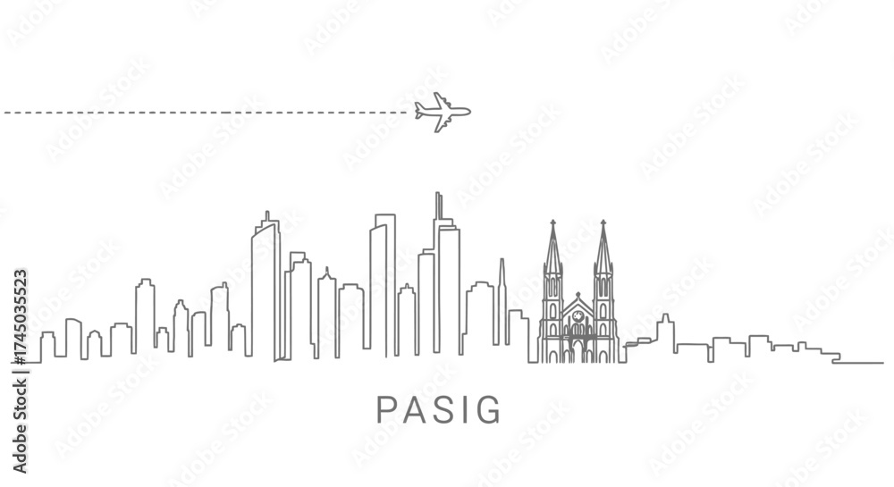 Fototapeta premium Pasig City Skyline with Airplane Icon and Dotted Flight Path