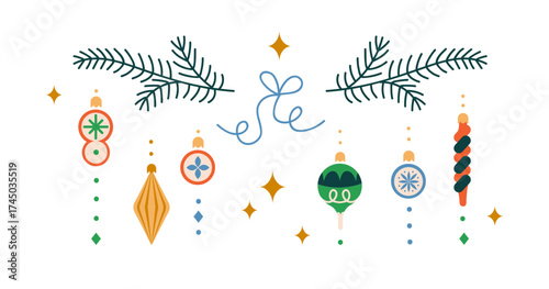 Christmas ornaments set. Winter holiday decorations. Xmas and New Year festive decor composition. Baubles, fir branches, seasonal design elements. Flat vector illustration isolated on white background