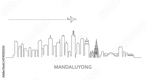 Mandaluyong Skyline with Airplane and Dashed Flight Path