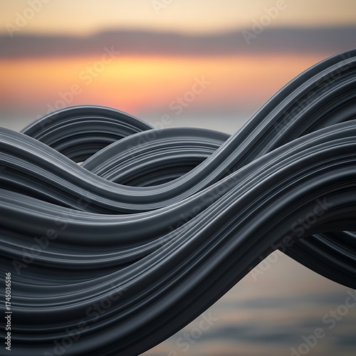 Abstract Dark Flowing Ribbons Sunset Background.