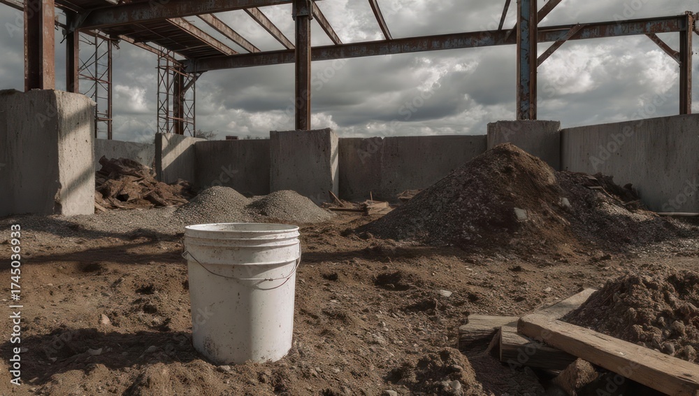 Fototapeta premium A partially constructed building's interior, with a bucket, dirt piles, and metal framework