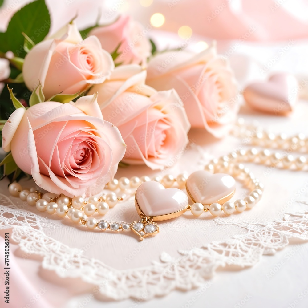 Fototapeta premium Still Life Photo of Pink Roses, Pearls, Hearts, & Lace Details
