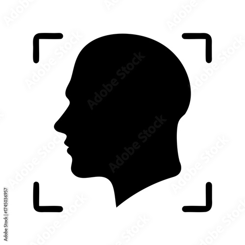 Silhouette of a human head within a face detection frame for identification