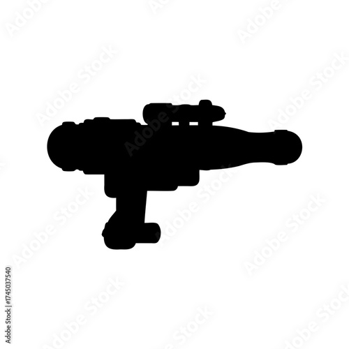 Silhouette of futuristic blaster weapon, science fiction concept, black on white backdrop