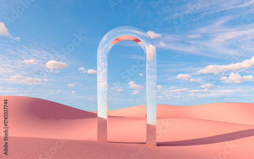 Surreal mirror arch installation in pink desert landscape with blue sky, 3d rendering