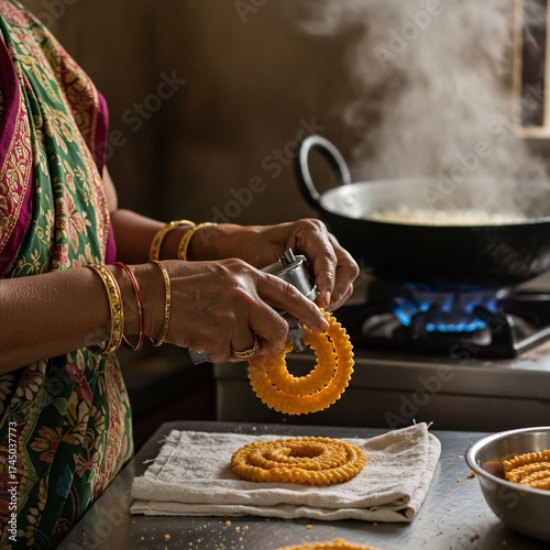 Indian Woman Preparing Traditional Homemade Deepavali Chakli Snack in a Steamy Kitchen Environment for Festive Celebration