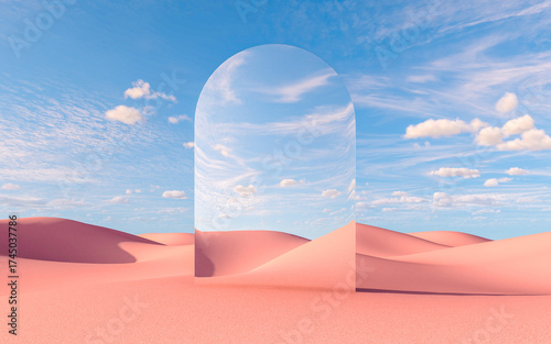 Surreal mirror arch reflecting sky in pink desert landscape, 3d rendering