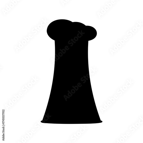 Black silhouette of a nuclear power plant cooling tower on white