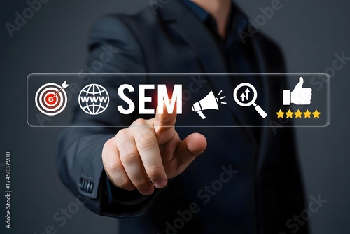 A man pressing the virtual SEM button, highlighting search engine marketing