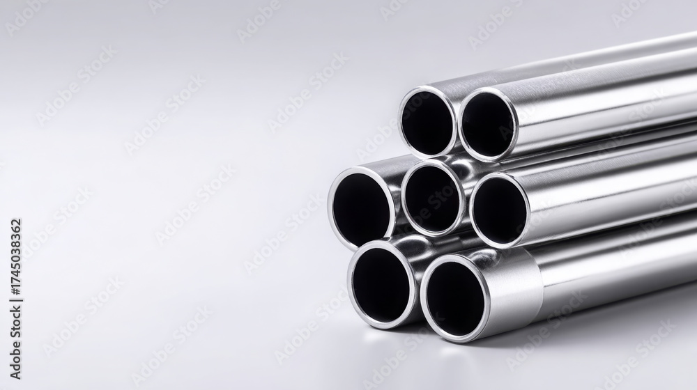 Fototapeta premium Metallic pipes stacked in a geometric arrangement, showcasing smooth surfaces and reflective qualities, ideal for industrial design and construction applications