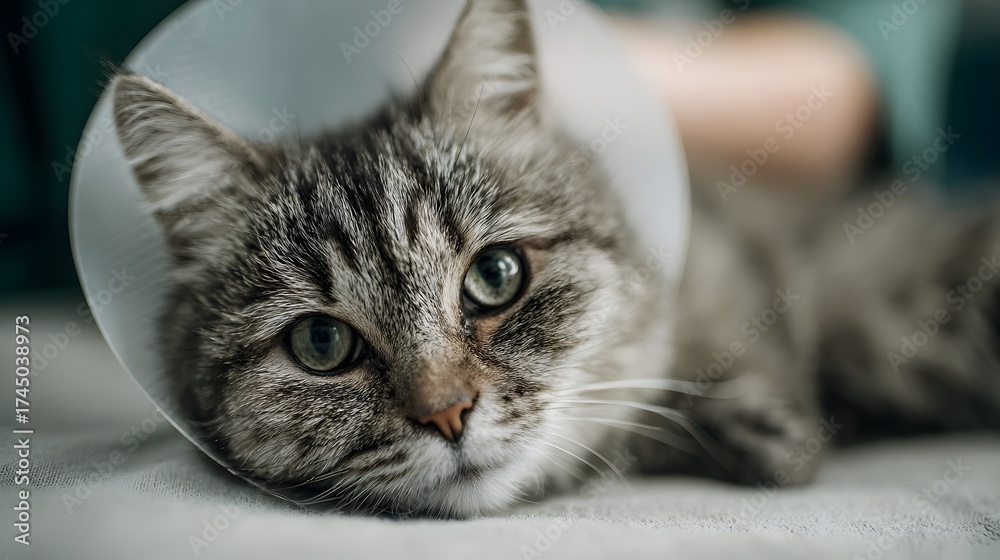 Obraz premium A domestic tabby cat wearing a protective white cone collar rests calmly indoors suggesting recovery from illness or injury and emphasizing pet care