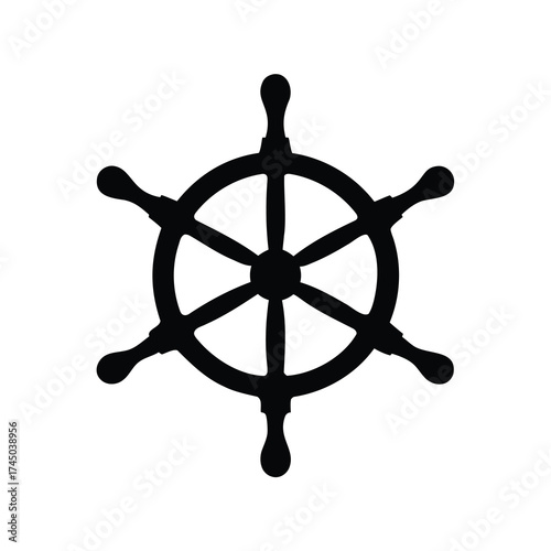 Black and white silhouette of nautical ship wheel with six handles