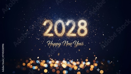 A festive 'Happy New Year 2028' greeting. The year 2028 is written in golden sparkles, with bokeh lights on a dark blue background. An elegant and celebratory design.