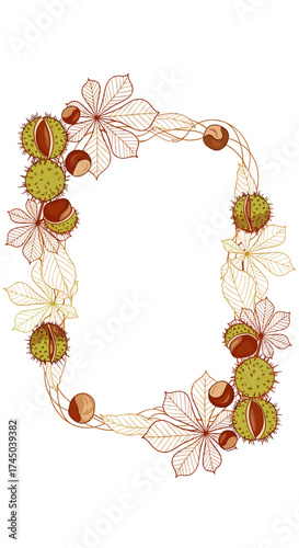 Elegant frame with chestnuts and flowers, copy space
