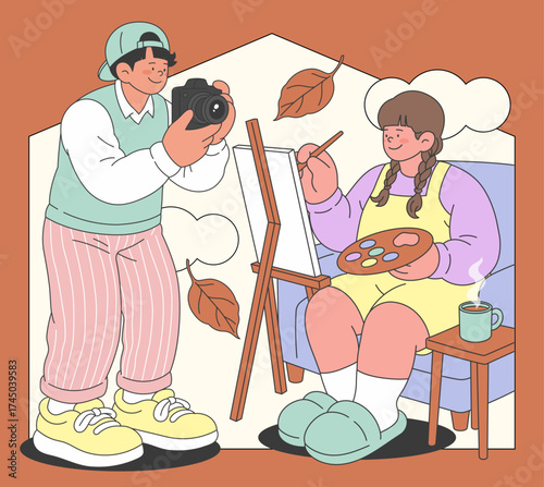 Indoor Autumn Hobbies Woman Painting and Man Taking Photos
