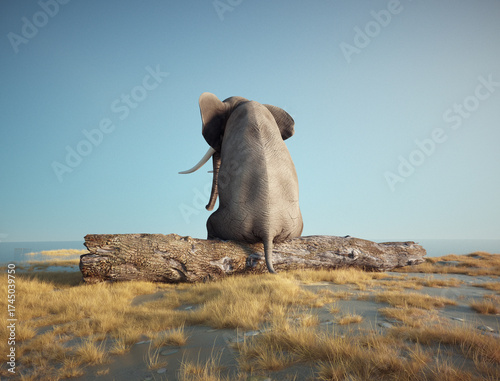 Elephant sitting on a log
