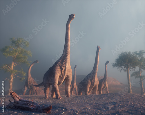 Dinosaurs roaming in a mist...