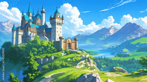 Medieval castle fort with towers surrounded with green nature illustration