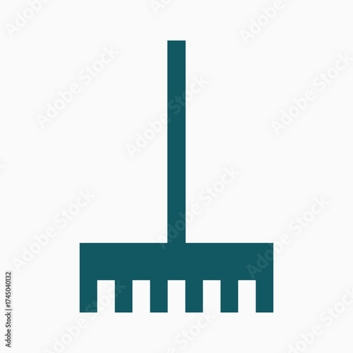 A blue and white image of a rake. The rake is shown in a vertical position with a green handle. Vector Illustration